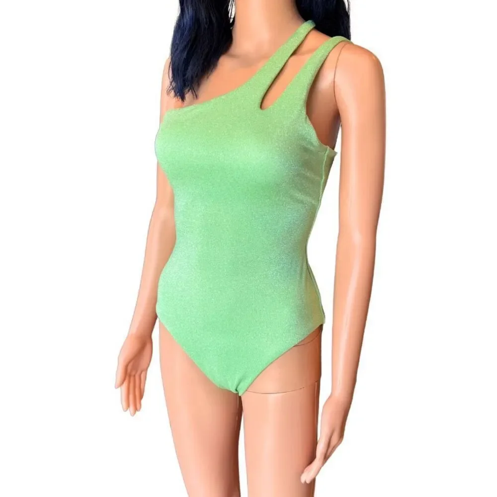 NWT BECCA Glimmer Shoulder One Piece Swimsuit Sparkly Lime Green Cutout Small